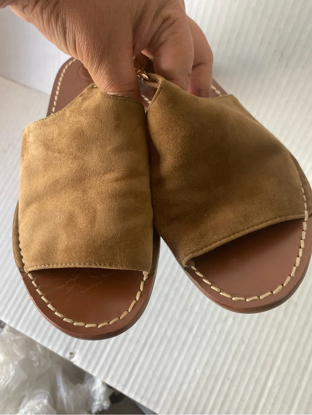 Tory Burch Tan Suede T‑Strap Open‑Toe Slingback Sandals with Gold Logo Accent